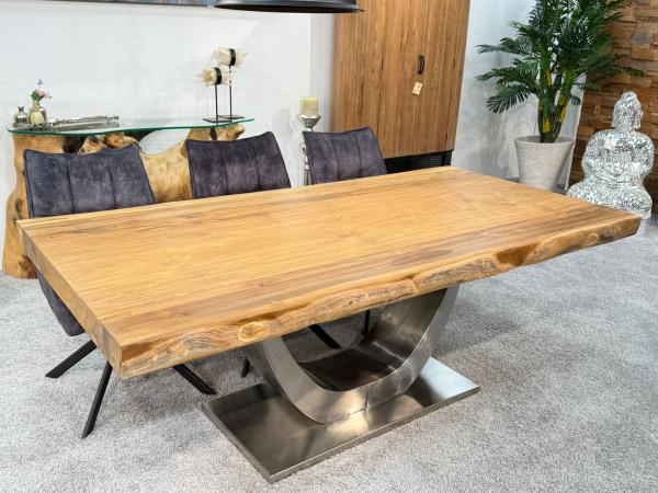 Rechteckiger Teakholz-Esstisch mit Edelstahlgestell, 200x100x78 cm