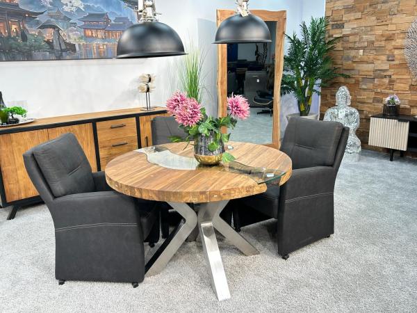 Runder Unikat-Esstisch "Eternia" aus recycelten Teakholz ca. Ø 120 x 77 cm mit Edelstahlgestell und eingefrästem Glas