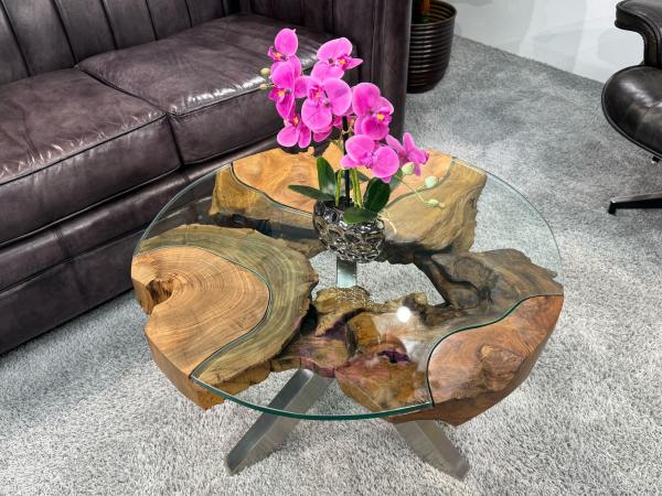 Wohnzimmertisch rund mit 6 cm massiver Tischplatte aus Teakholz