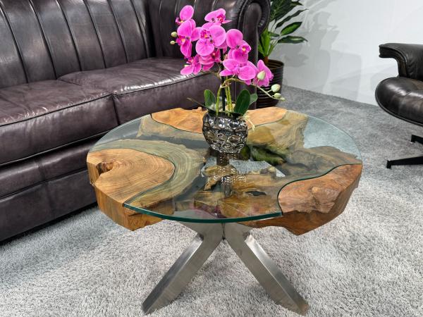 Wohnzimmertisch rund mit 6 cm massiver Tischplatte aus Teakholz