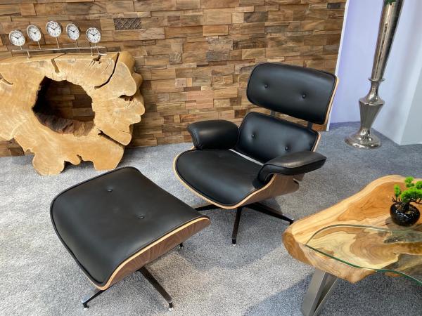 Relaxliege "Eames Lounge Chair Replika" mit Leder (schwarz) und Holz im Retro-Design
