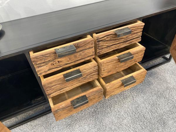 Sideboard / Anrichte "Essence black" 180 x 45 x 61 cm aus recyceltem Altholz mit Stahlkostruktion schwarz lackiert