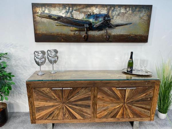 Sideboard / Anrichte "Essence" 180 x 45 x 82 cm aus recyceltem Altholz mit Chromgestell und Glasplatte