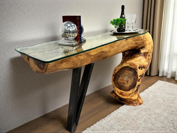 Solid Suar wood sideboard with glass top, 173x55x88 cm.