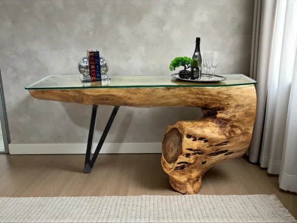 Solid Suar wood sideboard with glass top, 173x55x88 cm.