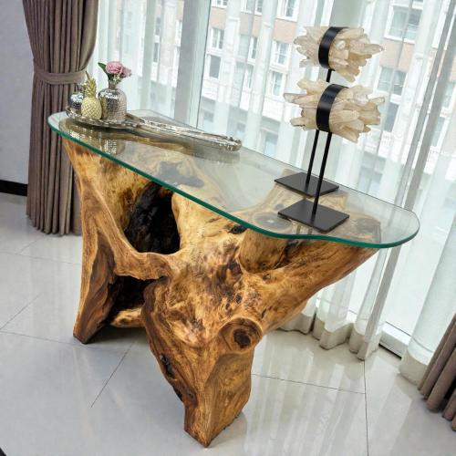 Close-up of a sideboard made from solid suar wood.