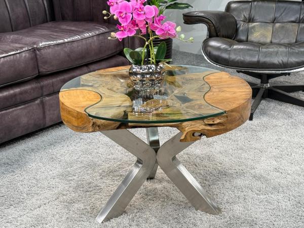 Wohnzimmertisch rund mit 6 cm massiver Tischplatte aus Teakholz