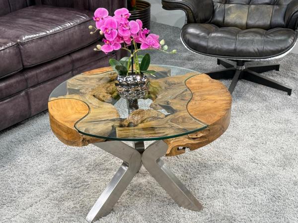 Wohnzimmertisch rund mit 6 cm massiver Tischplatte aus Teakholz