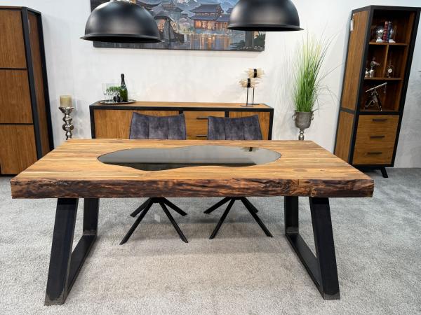 Echtholztisch massiv esstisch mit Glaseinlage