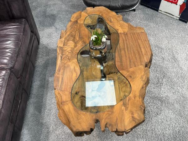 Unikat Couchtisch aus Holz Baumstamm Baumscheibe mit Edelstahl