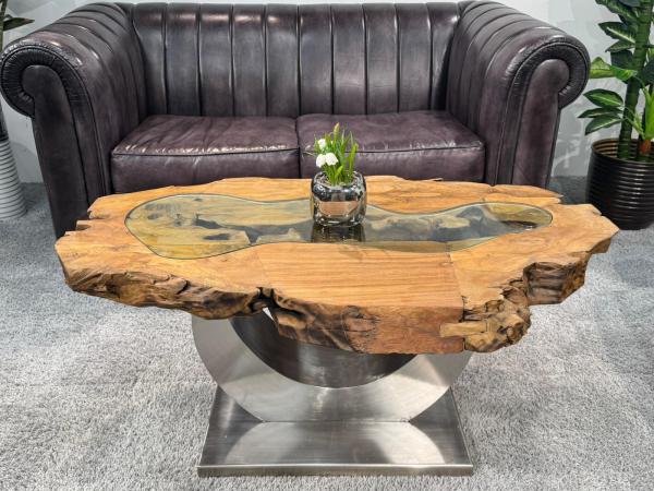 Unikat Couchtisch aus Holz Baumstamm Baumscheibe mit Edelstahl