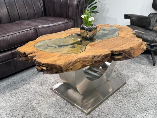 Unikat Couchtisch aus Holz Baumstamm Baumscheibe mit Edelstahl