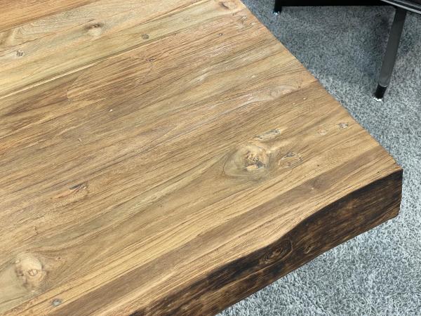 Solid wood coffee table from recycled teak with metal base.