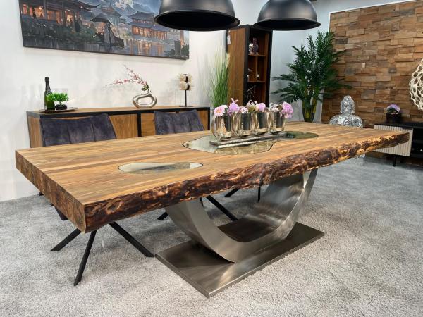 Massiver Teakholztisch mit Halbmond Stahlfuss 250cm
