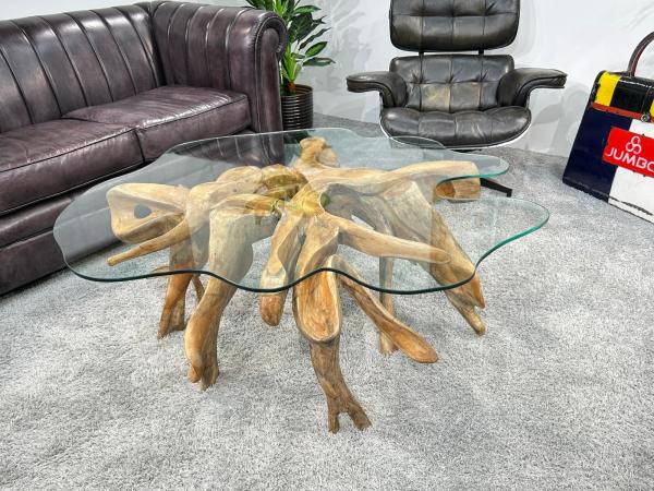 Sonderangebot Couchtisch aus einer Baumwurzel (ca. 130,5 x 128 x 46 cm) mit Glasplatte