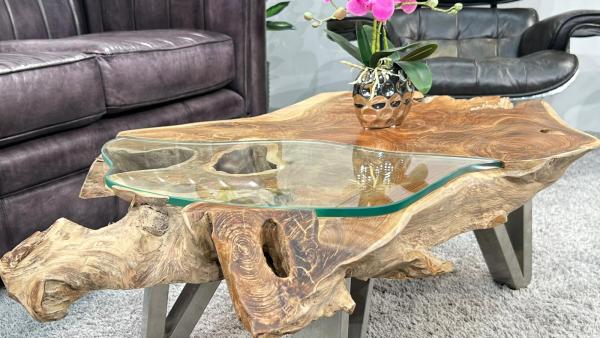 Wohnzimmertisch aus Teakholz mit Glasplatte, 116x73x41 cm