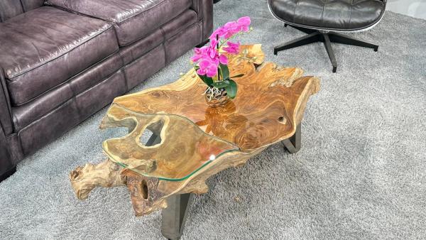 Wohnzimmertisch aus Teakholz mit Glasplatte, ca. 116 x 73 x 41 cm