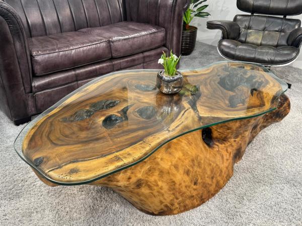 Wohnzimmertisch aus Suar-Baumstamm mit Glas, 155x85x41 cm.