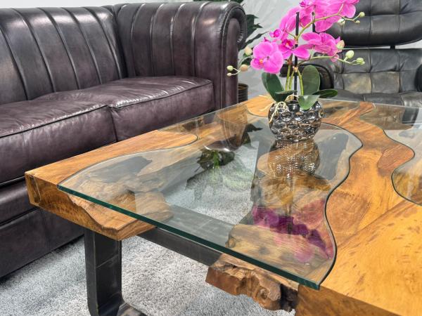 Wooden coffee table with glass inlays, trapezoid shape, 100x60x45 cm.