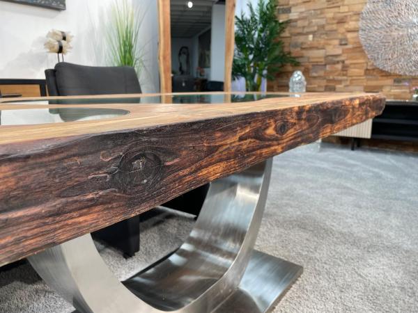 Massivholz Esszimmertisch mit Halbmondfuss und Glas 180cm