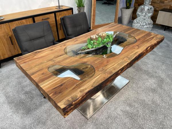 Massivholz Esszimmertisch mit Halbmondfuss und Glas 180cm