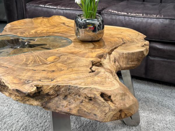Wooden log table with glass accents, 90x75x45 cm.