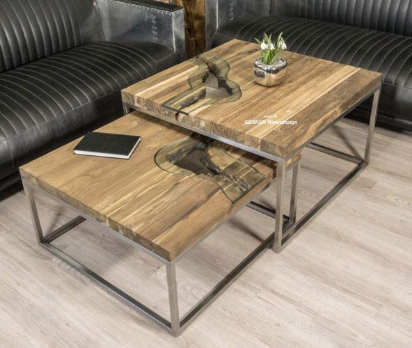 2er Set für einen ausziehbaren Couchtisch aus recyceltem Teakholz "Landscape Twin"