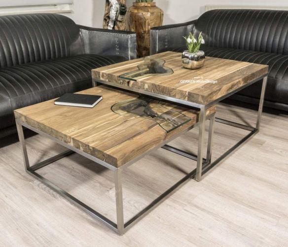 2er Set für einen ausziehbaren Couchtisch aus recyceltem Teakholz "Landscape Twin"