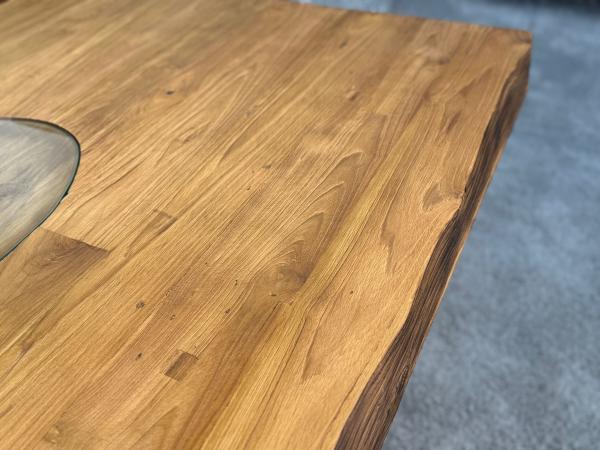 Massiver Teakholztisch mit Halbmond Stahlfuss 250cm