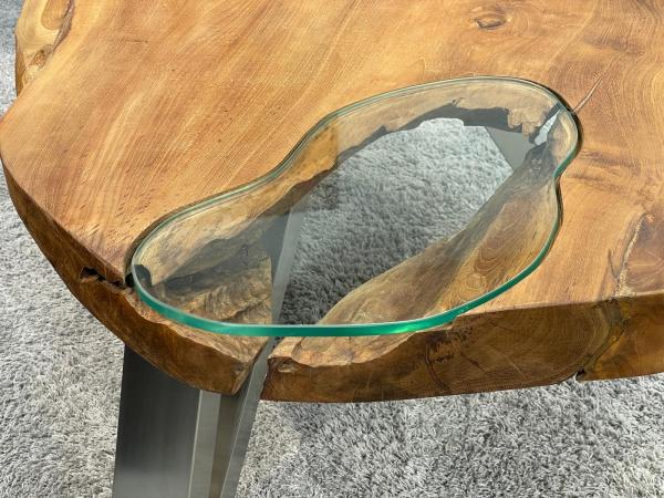 Ovaler Couchtisch "Lakeside" ca. 122 x 68-79 x 47,5 cm aus Teakholz mit Glaseinlage und Edelstahlgestell