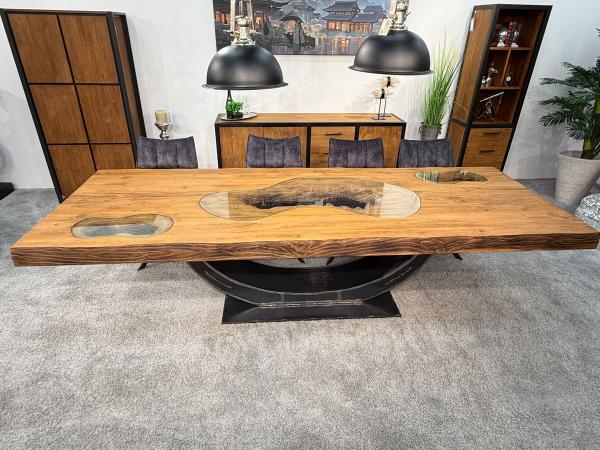 Massiver Teakholztisch mit Halbmond Stahlfuss 300 cm