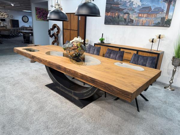 Massiver Teakholztisch mit Halbmond Stahlfuss 300 cm