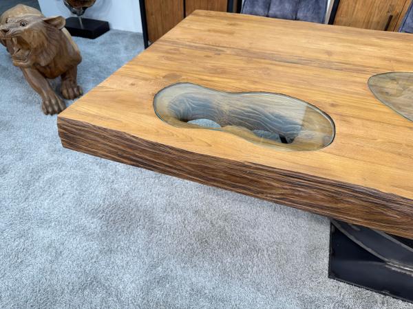 Massiver Teakholztisch mit Halbmond Stahlfuss 300 cm
