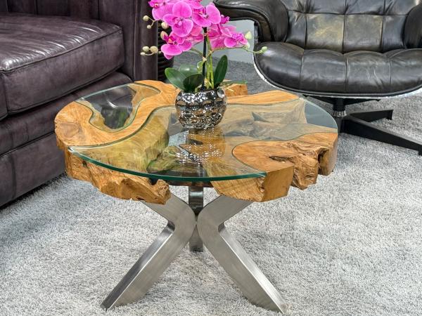 Wohnzimmertisch rund mit 6 cm massiver Tischplatte aus Teakholz