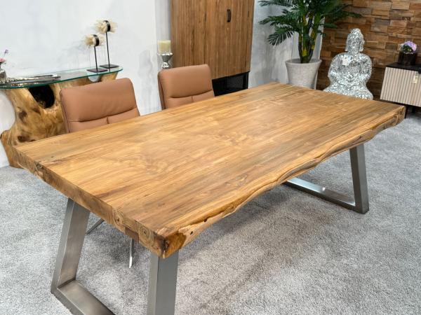 Teakholz-Esstisch mit Edelstahl-Trapezgestell, 200x100x77,5 cm