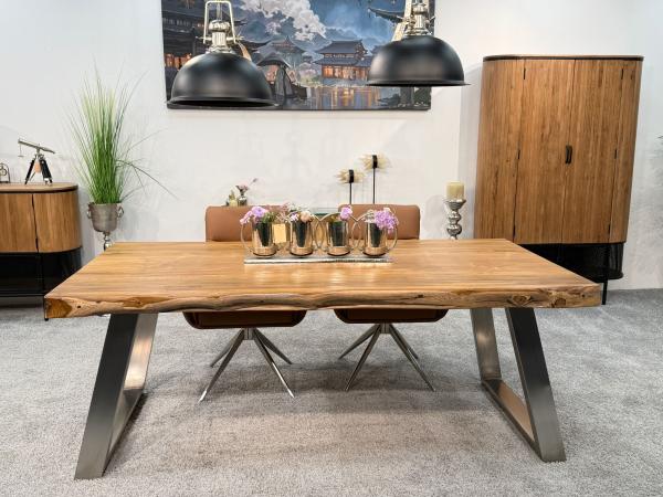 Teakholz-Esstisch mit Edelstahl-Trapezgestell, 200x100x77,5 cm