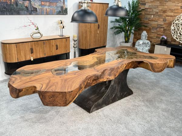 Exklusiver Designtisch aus Baumstamm Suar – echtes Kunstwerk aus 17,5 cm massiver Baumscheibe ca. 292 x 82-158 x 80 cm