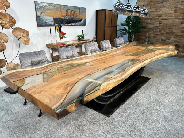 Last Item Large Conference Table / Dining Table approx. 399 x 107-133 x 75 cm made from a solid Suar wood slab