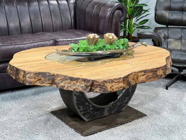 Organisch ovaler Couchtisch Fusion Holz Altholz Stahl rustikal