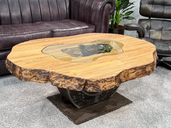 Organisch ovaler Couchtisch Fusion Holz Altholz Stahl rustikal