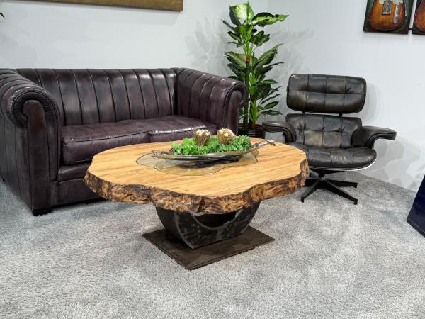 Organisch ovaler Couchtisch Fusion Holz Altholz Stahl rustikal