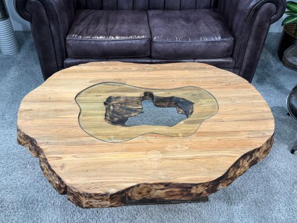 Organisch ovaler Couchtisch Fusion Holz Altholz Stahl rustikal