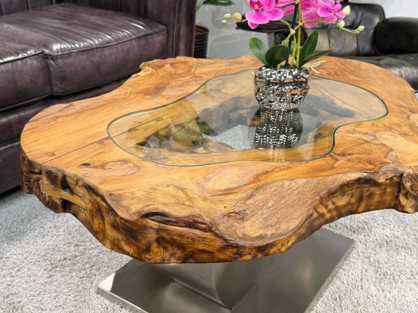 Massivholz Couchtisch Baumstamm Baumscheibe Expression Handarbeit