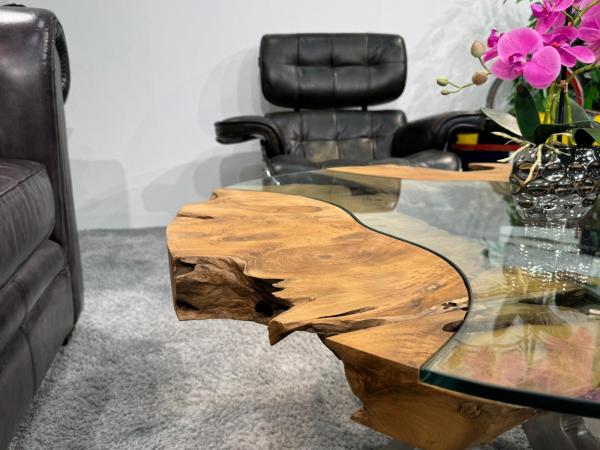 Sofatisch "Sunrise" aus Teakholz und Glas rund