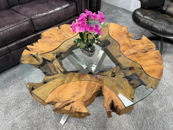 Sofatisch "Sunrise" aus Teakholz und Glas rund
