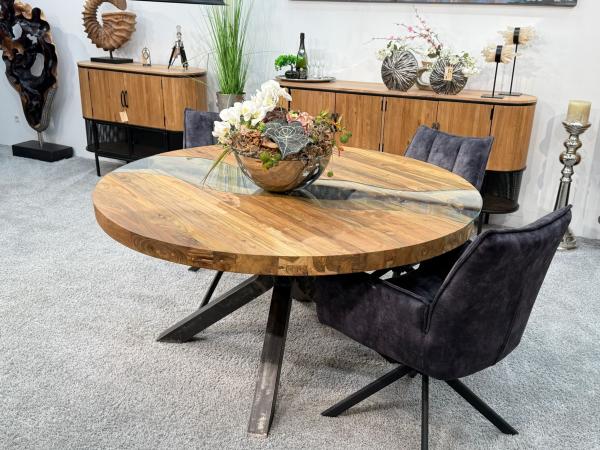 Round dining table 'Eternia' made of recycled wood with glass and steel frame.