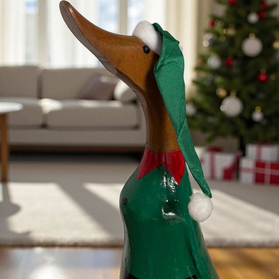 Dekoration aus Holz Ente in grünen Weihnachtsanzug