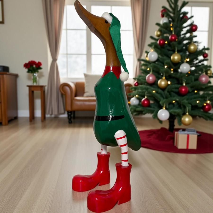 Dekoration aus Holz Ente in grünen Weihnachtsanzug