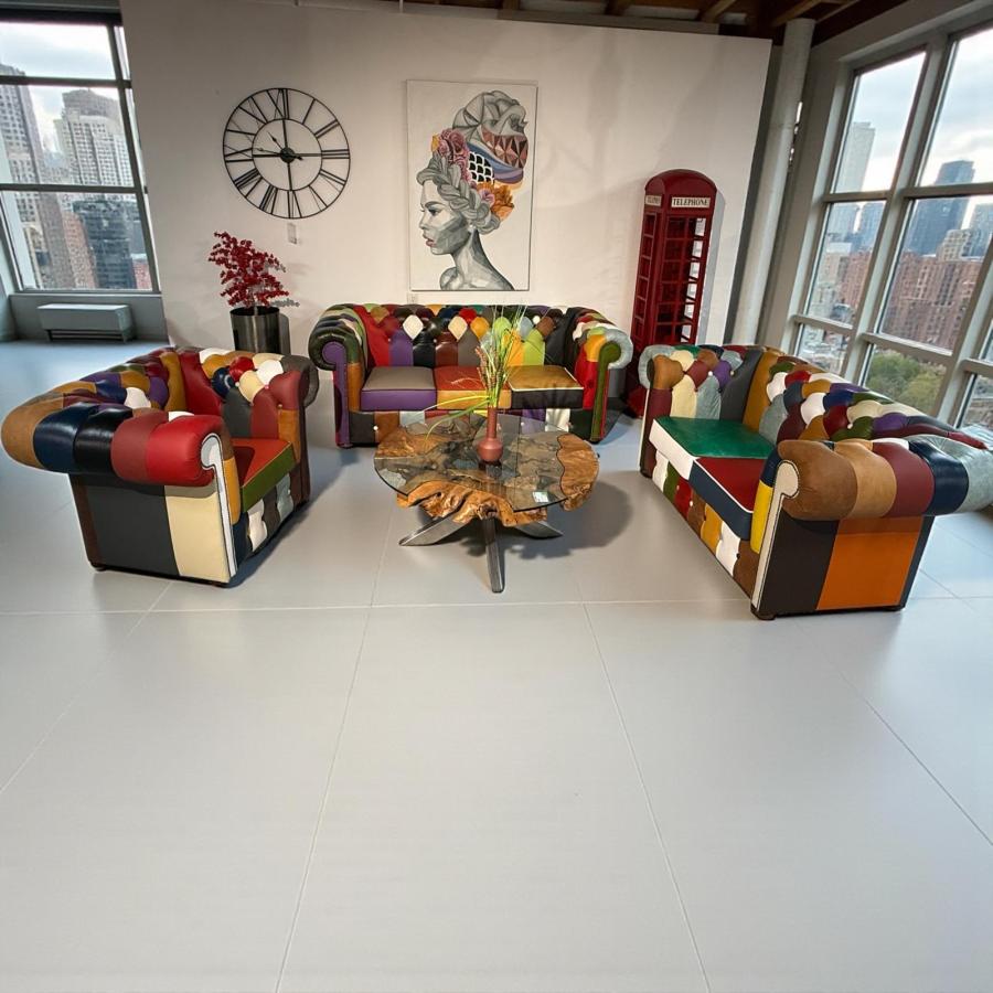 Couch 2-Sitzer Chesterfield aus buntem Echtleder