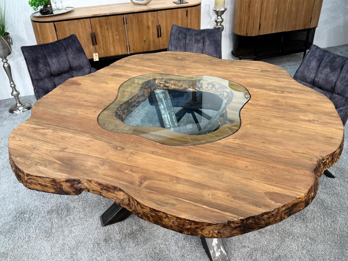 Runder Esstisch Eternia aus recyceltem Holz mit Glaseinlage